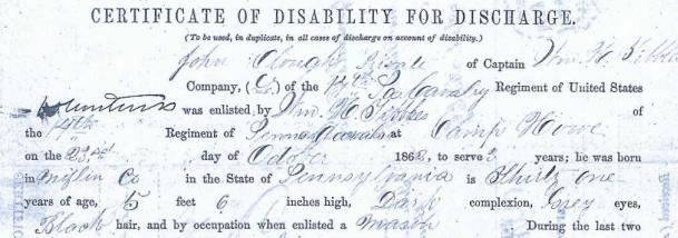 1863 John Clough Certificate of Disability